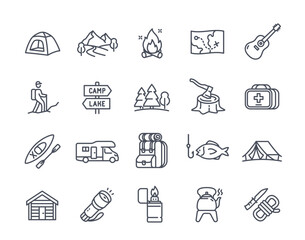 Outdoor travel line icons set. Camping, hiking and trekking. Campfire, axe, first aid kit, knife and tent. Design element for application. Outline simple vector collection isolated on white background