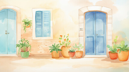 Fototapeta na wymiar Colorful doorways and windows in Mediterranean village cartoon drawing, AI Generated