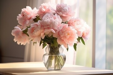  a vase filled with pink flowers sitting on top of a table next to a glass vase with water in it.