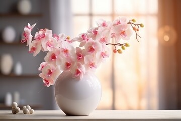  a white vase with pink and white flowers in it on a table next to a window with light coming in.