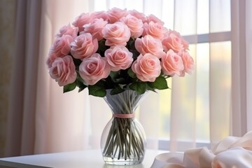  a bouquet of pink roses in a vase on a window sill in front of a window with white drapes.