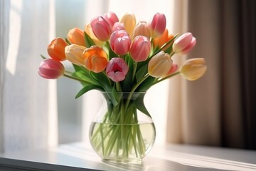  a vase full of colorful tulips sitting on a window sill in front of a curtained window.