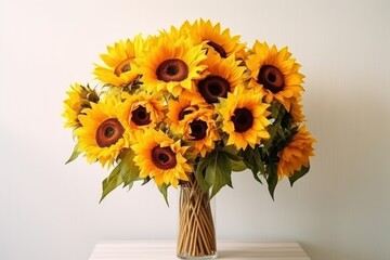  a vase filled with yellow sunflowers sitting on top of a white counter top next to a white wall.