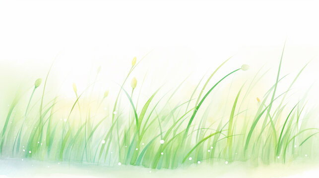 Close up of grass and morning dew Natural sunlight exposition, Cartoon drawing, Water color style, AI Generated