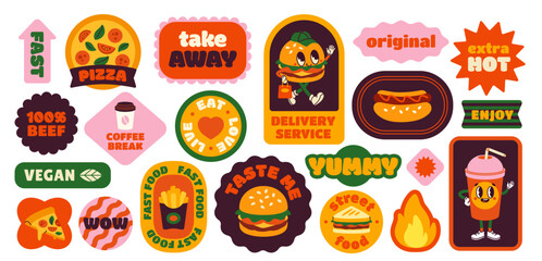 Set of retro fast food stickers. Vintage groovy badges with burgers, fries, pizza and coffee to go. Design elements for cafe and restaurant. Cartoon flat vector collection isolated on white background - obrazy, fototapety, plakaty