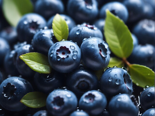 juicy blueberries, background, leaves, water drops on the berries, freshness 