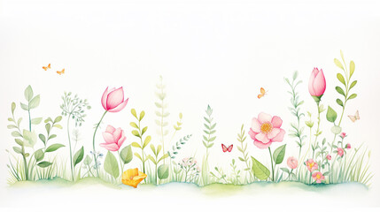 Forest and roses, Cartoon drawing, Water color style, AI Generated