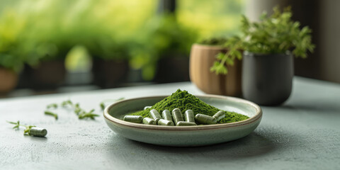 Organic Moringa Powder and Capsules on Ceramic Plate on grey table. Natural moringa green leaf...