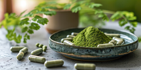Organic Moringa Powder and pills Capsules on Ceramic Plate. Natural moringa green leaf powder and herbal supplements in a serene setting. - obrazy, fototapety, plakaty