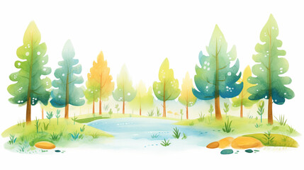Fototapeta na wymiar Forest, Cartoon drawing, Water color style, AI Generated