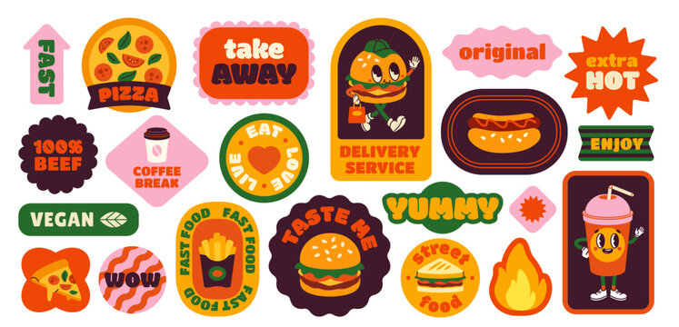 Naklejki Set of retro fast food stickers. Vintage groovy badges with burgers, fries, pizza and coffee to go. Design elements for cafe and restaurant. Cartoon flat vector collection isolated on white background