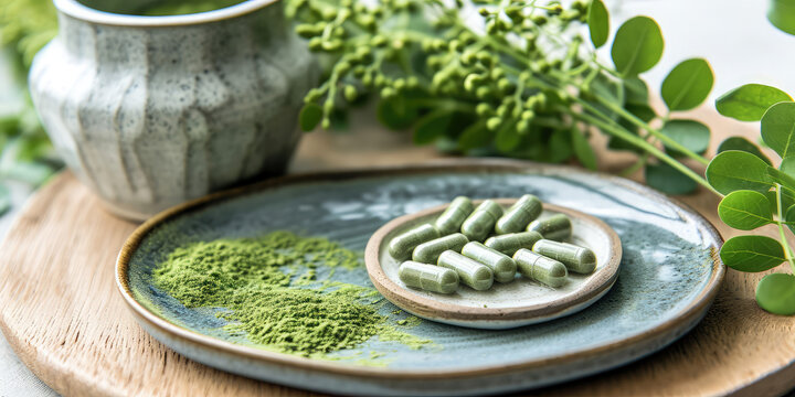 Organic Moringa Powder and pills Capsules on Ceramic Plate. Natural moringa green leaf powder and herbal supplements in a serene setting.