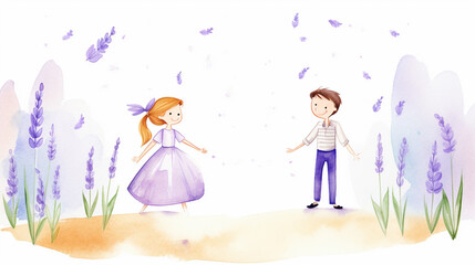 Lavender and people, Cartoon drawing, Water color style, AI Generated