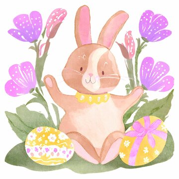 Watercolor Easter Bunny with Purple Flowers and Painted Eggs