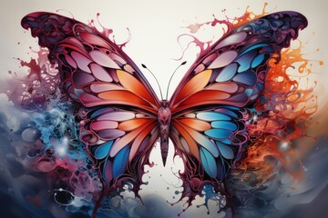  a painting of a colorful butterfly with splashes of paint on the wings and back of the butterfly's wings.