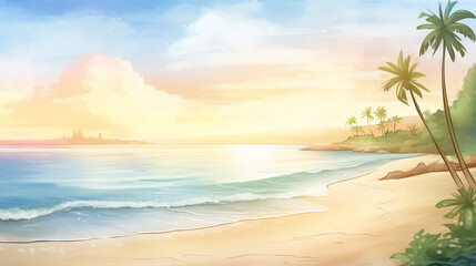 Fototapeta na wymiar Morning sunrise at bustling tropical beach cartoon drawing, AI Generated