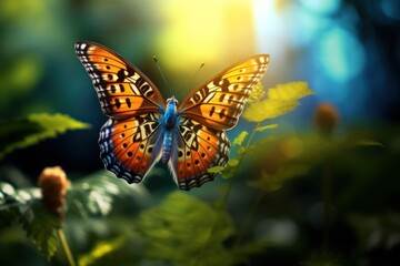  a close up of a butterfly on a plant with sunlight coming through the leaves and behind it is a blurry background.