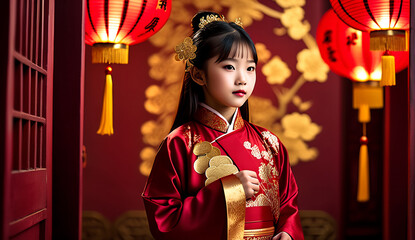 portrait asian girl wearing a cheongsam, chinese vew year's eve, chinese girl in traditional suit