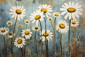  a painting of a bunch of white daisies on a blue background with a brown spot in the middle of the painting.