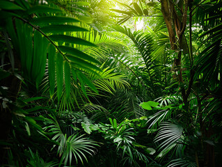 Dense tropical jungle with lush green foliage. Rainforest ecosystem and biodiversity concept for design and print. Nature background with vibrant vegetation
