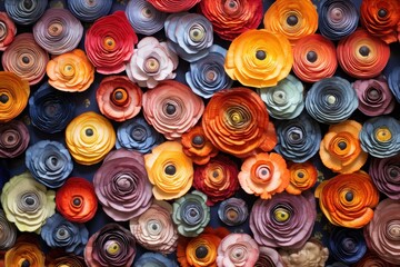  a close up of a bunch of different colors of paper flowers with holes in the middle of each of the flowers.