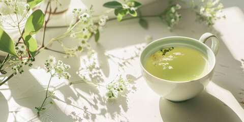 Moringa Flower Tea in Serene Morning Light on white table. A cup of soothing moringa flower tea surrounded by delicate blossoms in soft sunlight. - obrazy, fototapety, plakaty