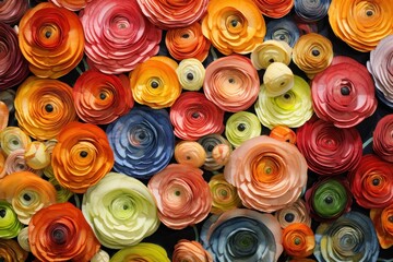  a group of multicolored paper flowers sitting on top of a pile of other paper flowers on top of each other.