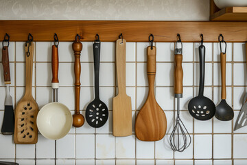 Stylish kitchen utensils neatly arranged and hanging against a tiled kitchen wall