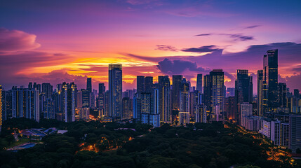 A panoramic view of a city skyline during the magical moments of dusk