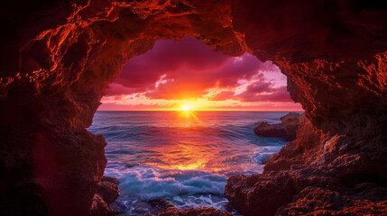 Majestic cave sunset: fiery skies and tranquil seas