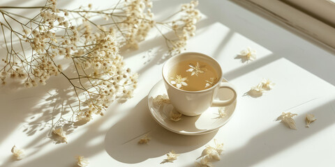 Fototapeta na wymiar Moringa Flower Tea in Serene Morning Light on white table. A cup of soothing moringa flower tea surrounded by delicate blossoms in soft sunlight.