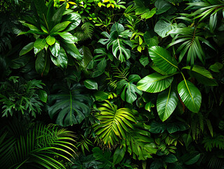 Diverse tropical plants with lush leaves. Dense jungle vegetation and tropical forest concept for design and print. Nature background with rich greenery
