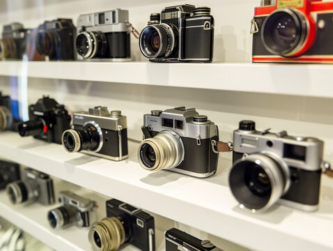 A display of vintage cameras showcasing the evolution of photography