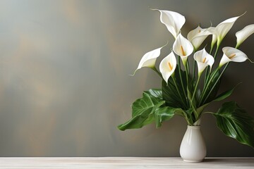  a vase filled with white flowers sitting on top of a wooden table next to a green leafy plant on top of a wooden table.