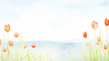 Fototapeta na wymiar Sea and tulips, Cartoon drawing, Water color style, AI Generated