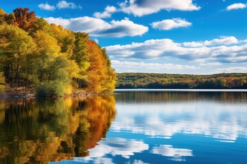  a large body of water surrounded by a forest filled with lots of trees and a blue sky with white clouds.