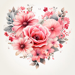 a romantic spring flowers heart-shaped in watercolor style on a white background. Greeting card.