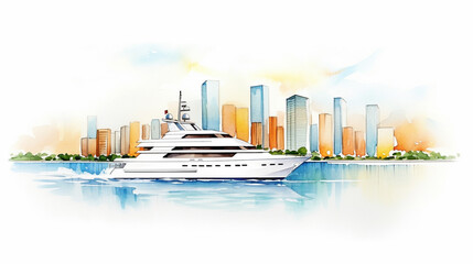 Skylines and boats and portraits, Cartoon drawing, Water color style, AI Generated