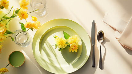 table setting for dinner with green dishes, cutlery and flowers bathed in sunlight through the window with hard shadows.