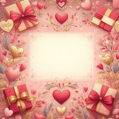 A magnificent and elegant postcard in the form of a white rectangle, made of a sheet of paper on a magnificent background in pastel pink tones with red and gold gifts, hearts, colored tinsel