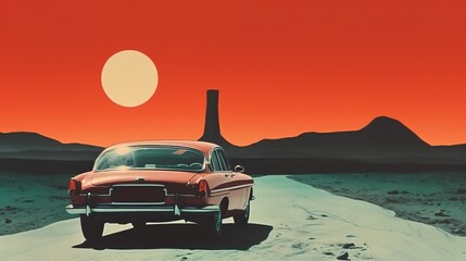An illustration of a retro car in a sci-fi style against a beautiful landscape - obrazy, fototapety, plakaty