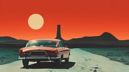  An illustration of a retro car in a sci-fi style against a beautiful landscape © CaptainMCity