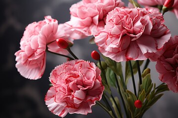  a bunch of pink carnations are in a vase on a gray and black tableclothed tablecloth.