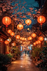Fototapeta premium Lantern-lit Traditional Street, A vibrant shot of a traditional Chinese street adorned with red lanterns, bustling with Chinese new year festivities