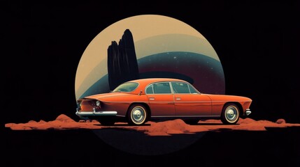 Illustration of a retro car in the sci-fi style