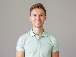 Portrait of a Friendly Man Smiling in Light Green Polo. Generative AI.
