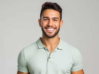 Smiling Man in Mint Polo. Generative AI.