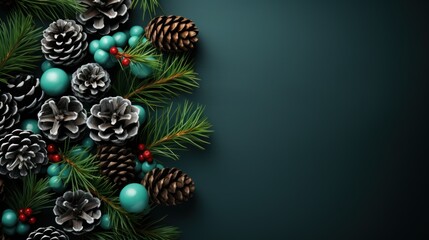  a bunch of pine cones sitting on top of a green tree branch with berries and pine cones on top of it.