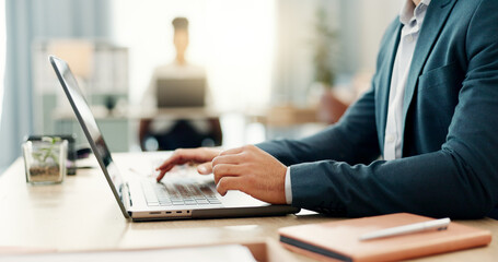 Hands of man at desk, laptop and typing in coworking space, research and online schedule at consulting agency. Office, networking and businessman at computer writing email review, feedback or report.