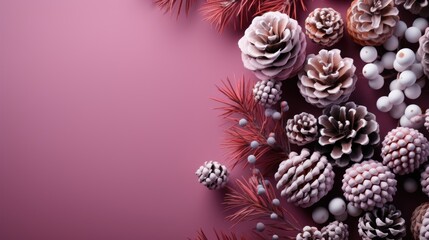 Fototapeta na wymiar a bunch of pine cones and pine cones on a pink background with a place for a text or an image.